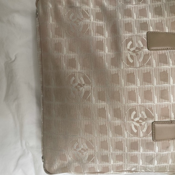 Chanel 💕Travel Tote Fabric Leather Strap Pink Tan Quilted Appearance CC Logo - Picture 7 of 14